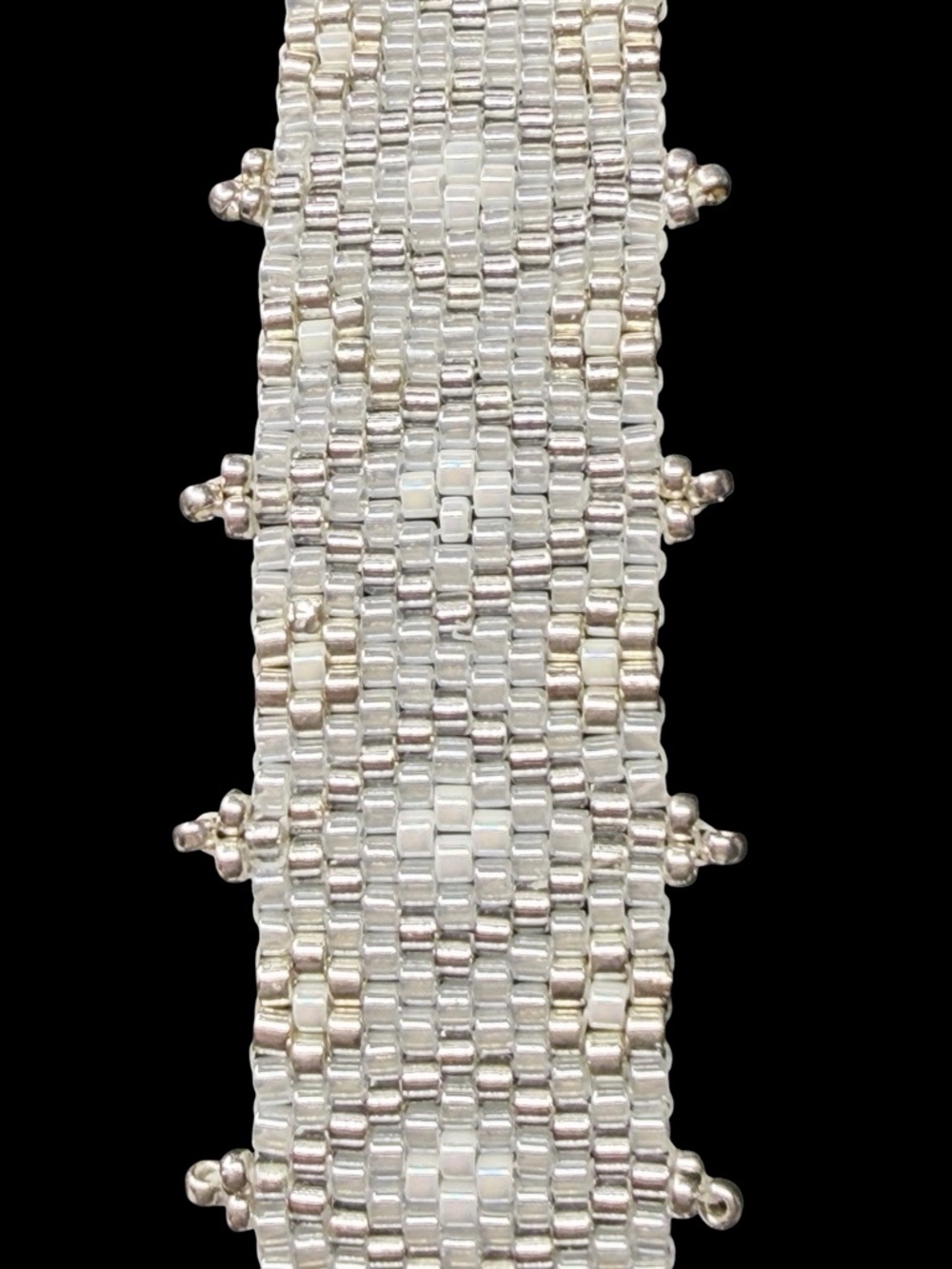 Woven Cream Silver Seed Bead Cuff Bracelet – Bridal Jewelry, Rhodium Clasp - Picture 4 of 11